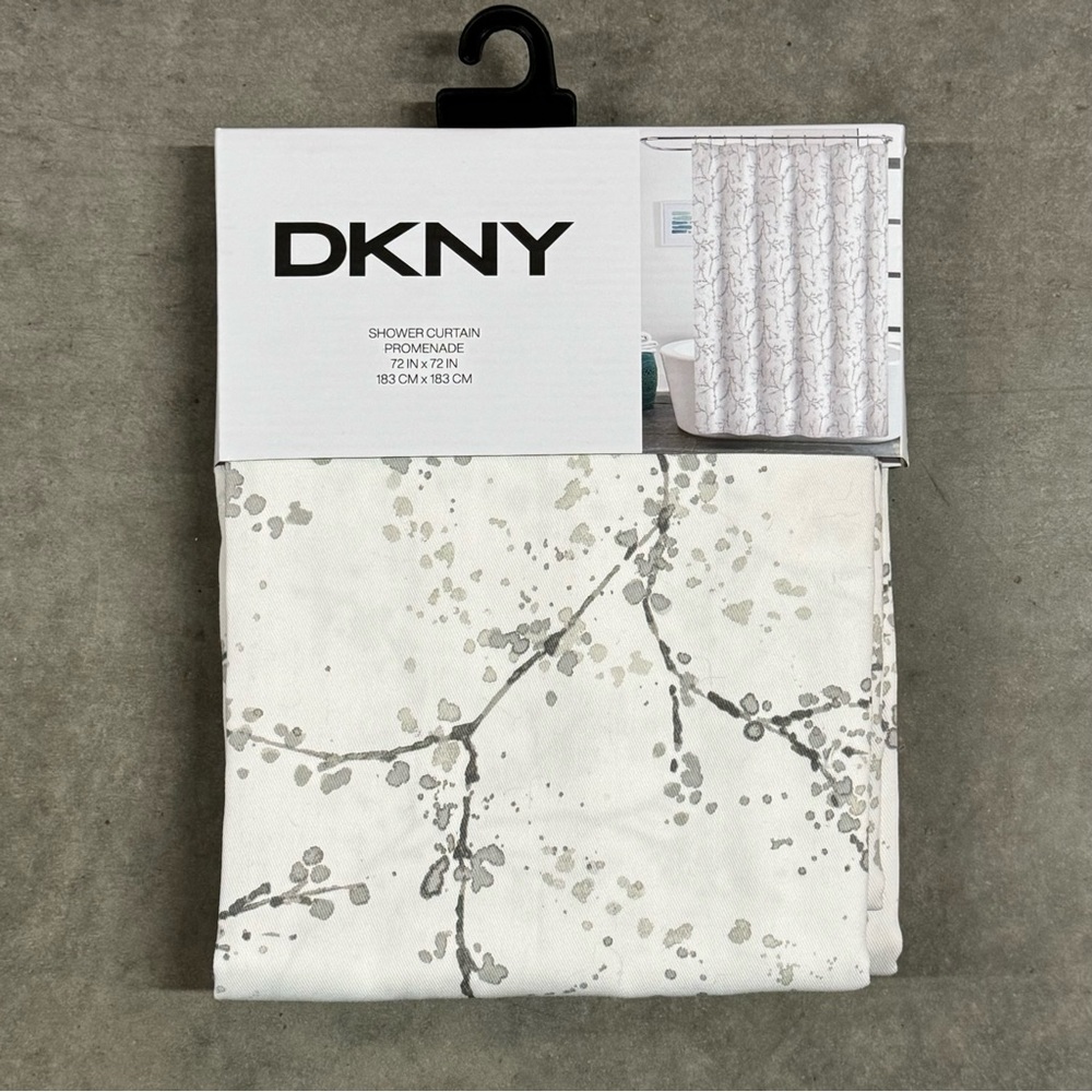 DKNY Promenade Fabric Shower Curtain 72x72 Floral Sticks Branches ~ Gray White